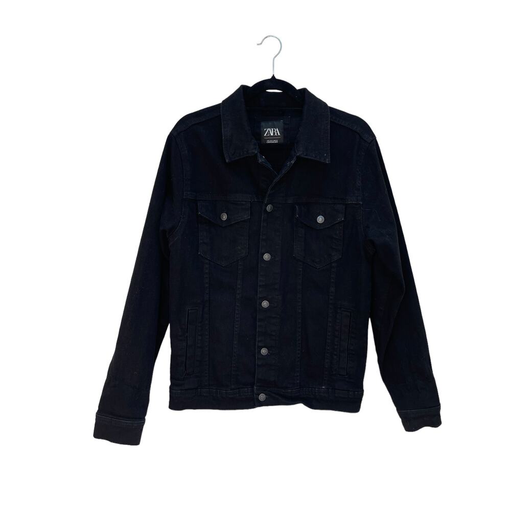 Zara Denim Jacket Women's Large Black Cotton Stiff Long Line Goth Emo Jean